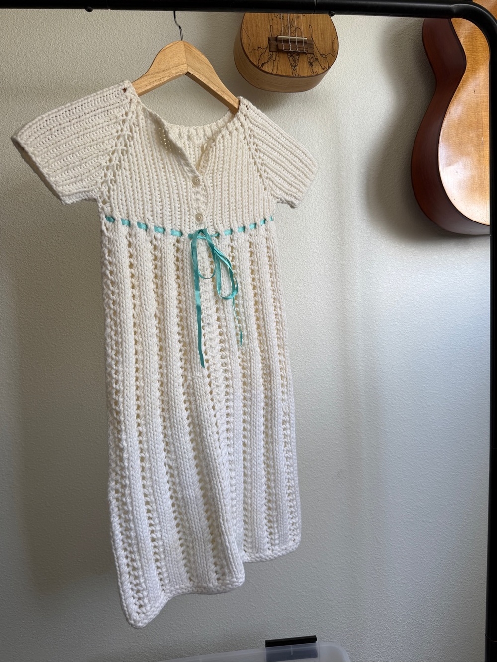 Handmade Knit baby christening gown blessing dress blue Ribbon gender neutral